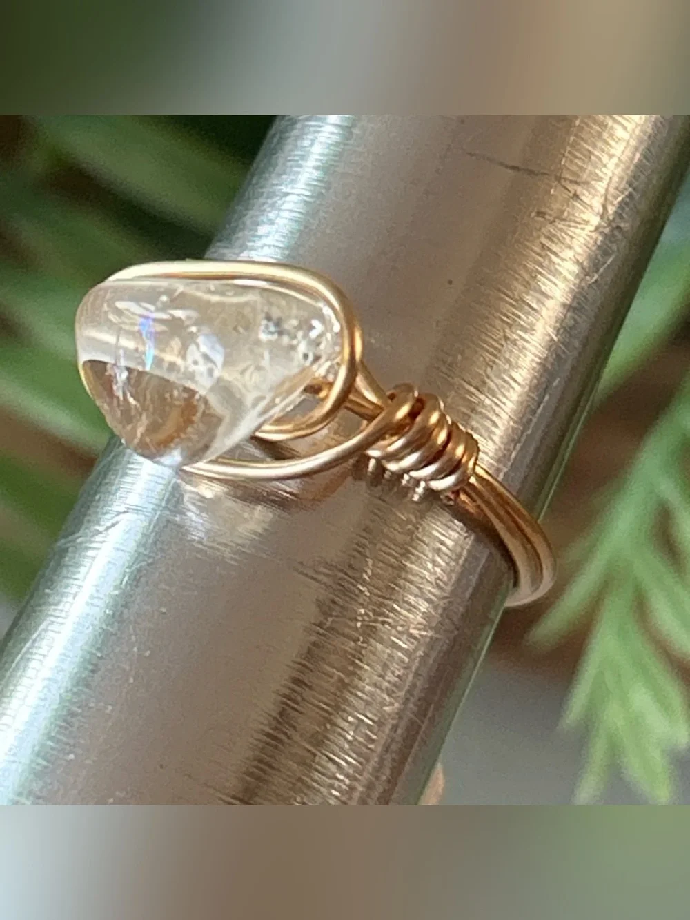 Handmade gold tone citrine wire wrapped crystal ring - size 7
